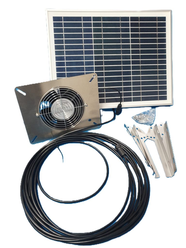 Solar sub-floor extraction fan 20w wall-mounted with stainless steel mounting plate.