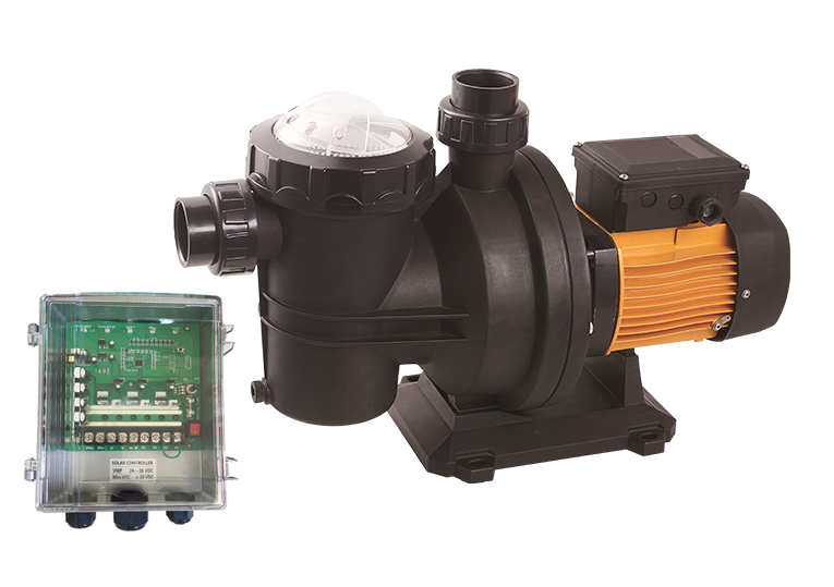 A solar-powered 900 Watt pool pump system, including solar controller.