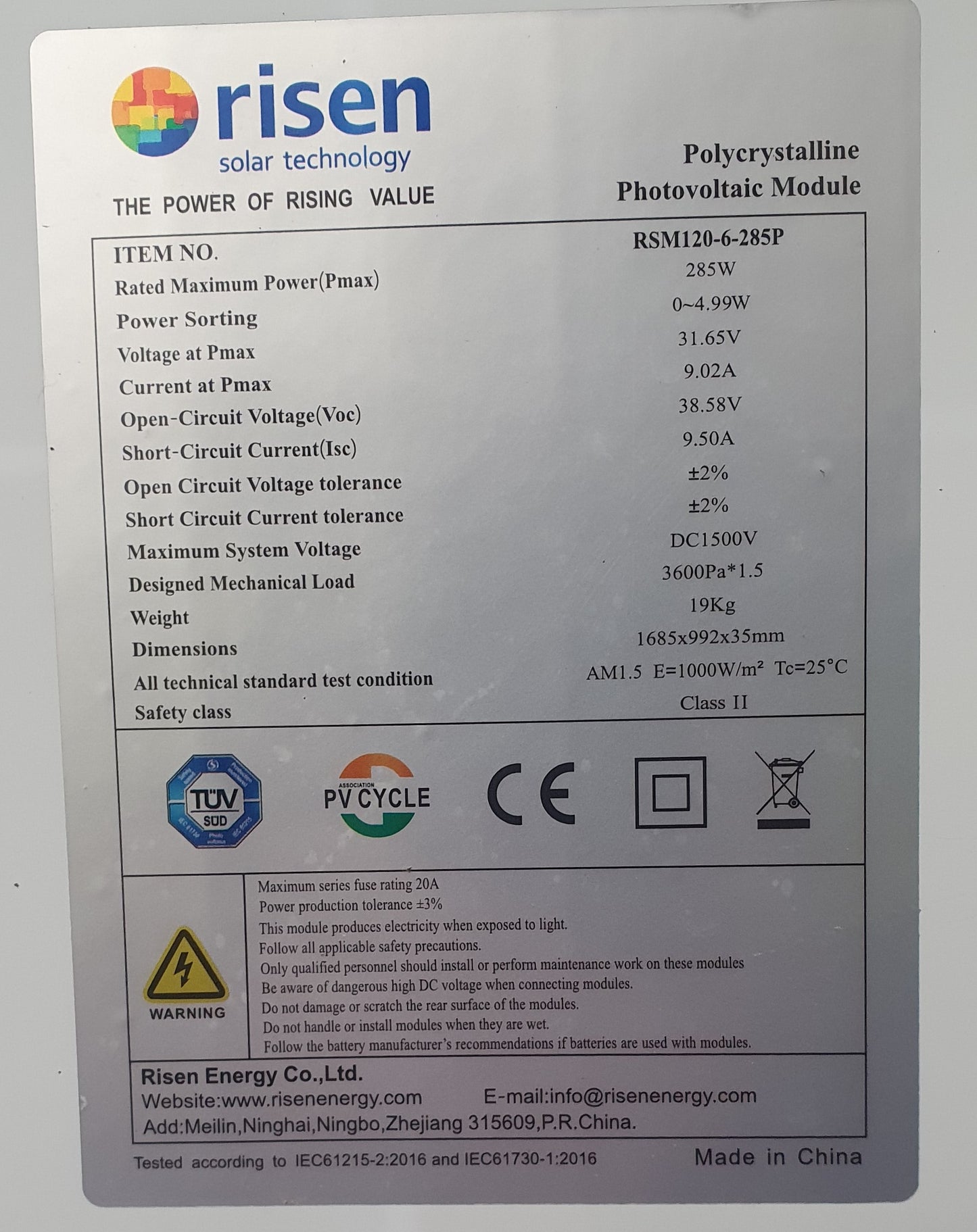 Risen 285w solar panel